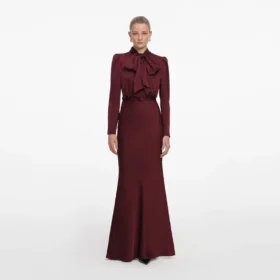 Burgundy Tie Neck Satin Maxi Dress