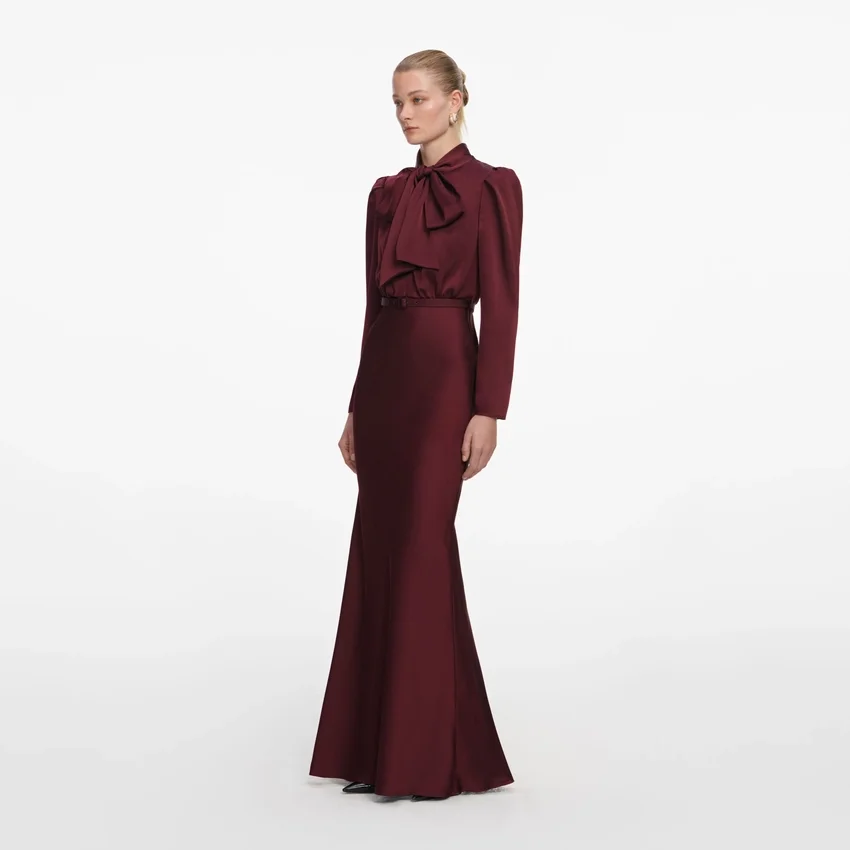 Burgundy Tie Neck Satin Maxi Dress Burgundy Tie Neck Satin Maxi Dress