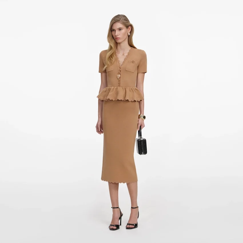 Camel Knit Peplum Midi Dress Camel Knit Peplum Midi Dress