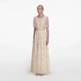 Champagne Floral Embellished Maxi Dress