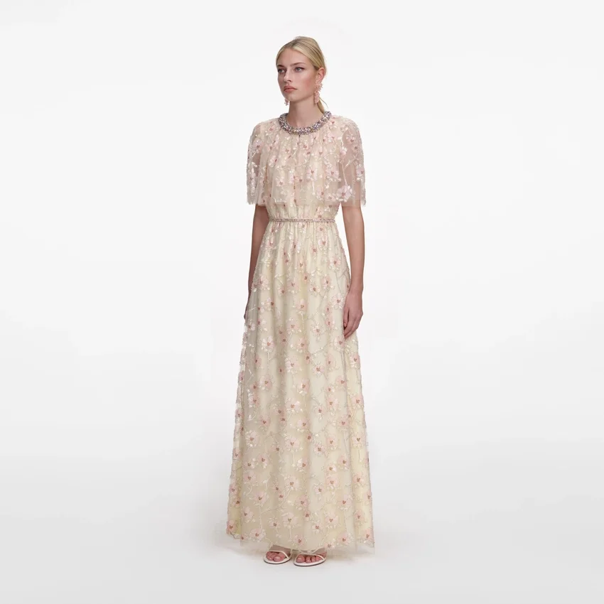Champagne Floral Embellished Maxi Dress Champagne Floral Embellished Maxi Dress