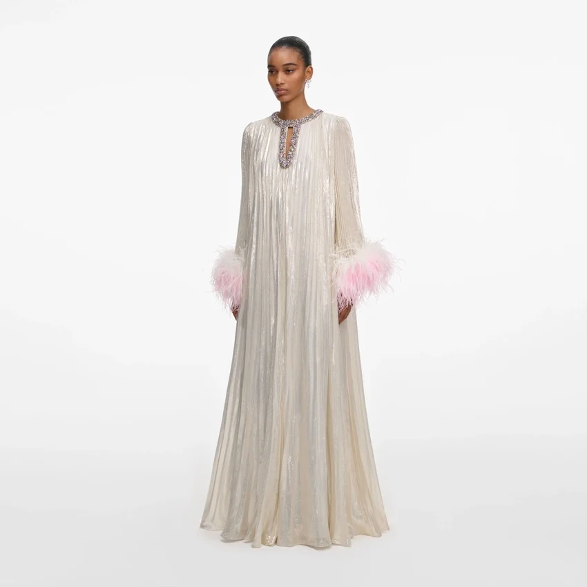 Champagne Metallic Ombre Feather Maxi Dress Champagne Metallic Ombre Feather Maxi Dress
