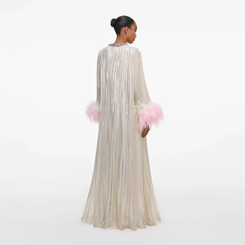 Champagne Metallic Ombre Feather Maxi Dress Champagne Metallic Ombre Feather Maxi Dress