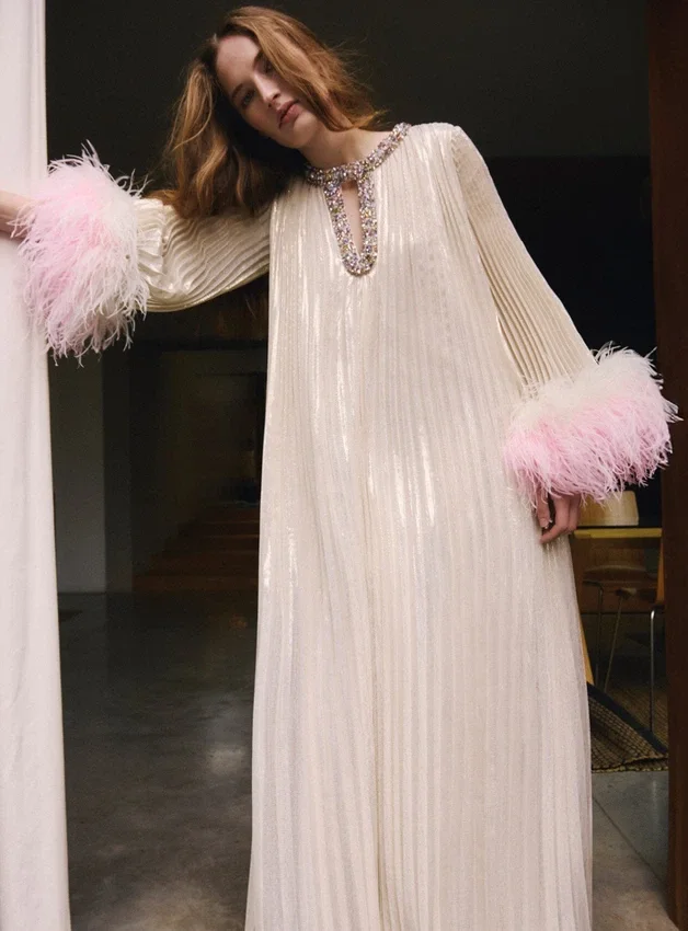 Champagne Metallic Ombre Feather Maxi Dress Champagne Metallic Ombre Feather Maxi Dress