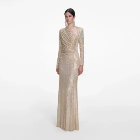 Champagne Rhinestone Drape Maxi Dress