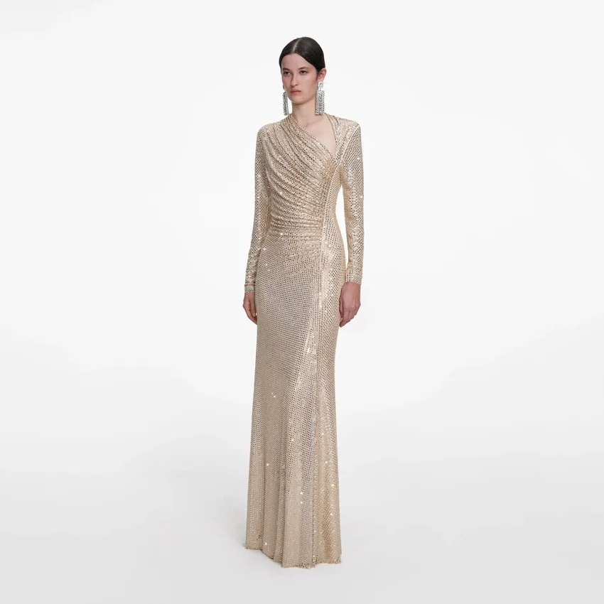 Champagne Rhinestone Drape Maxi Dress Champagne Rhinestone Drape Maxi Dress