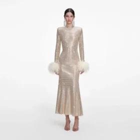 Champagne Rhinestone Feather Midi Dress