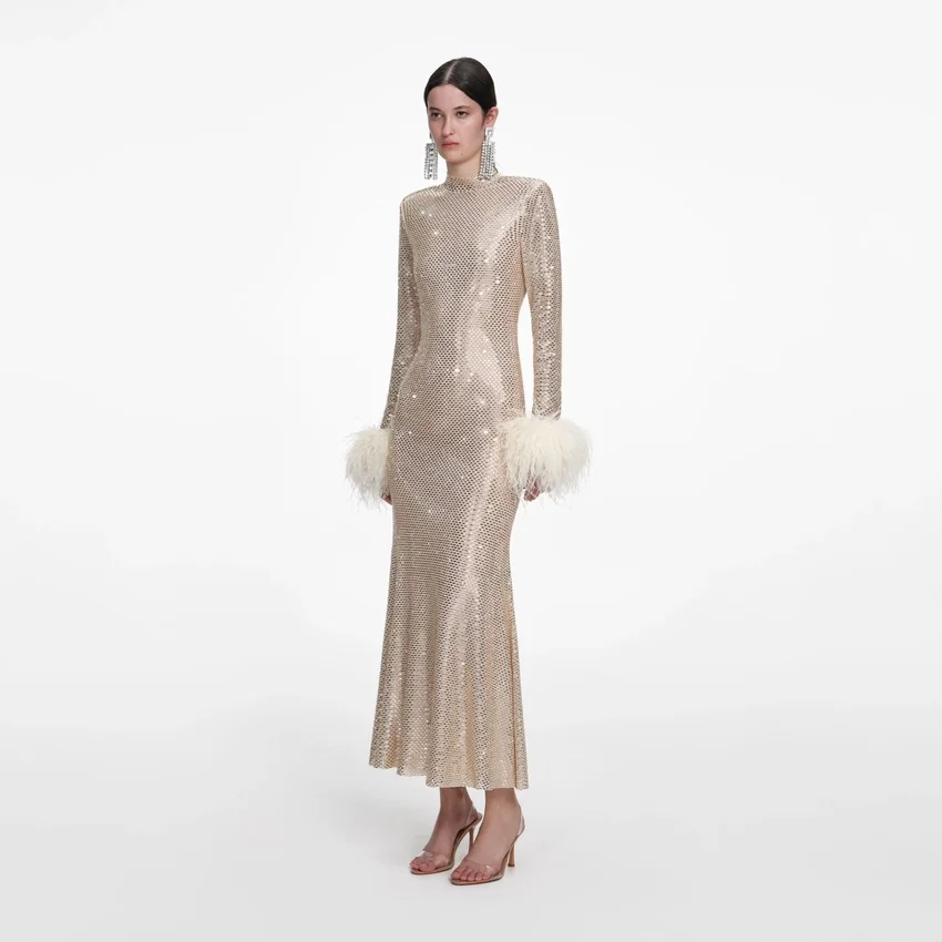 Champagne Rhinestone Feather Midi Dress Champagne Rhinestone Feather Midi Dress