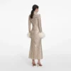Champagne Rhinestone Feather Midi Dress Champagne Rhinestone Feather Midi Dress