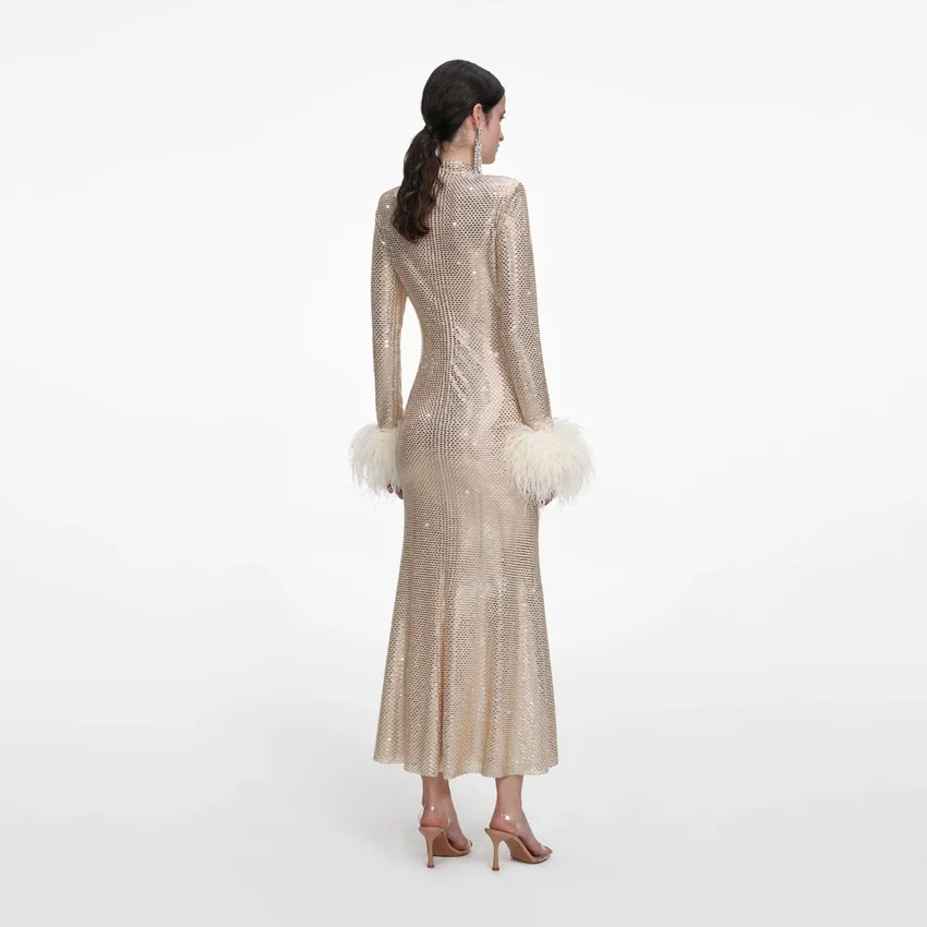 Champagne Rhinestone Feather Midi Dress Champagne Rhinestone Feather Midi Dress
