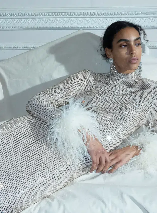 Champagne Rhinestone Feather Midi Dress Champagne Rhinestone Feather Midi Dress