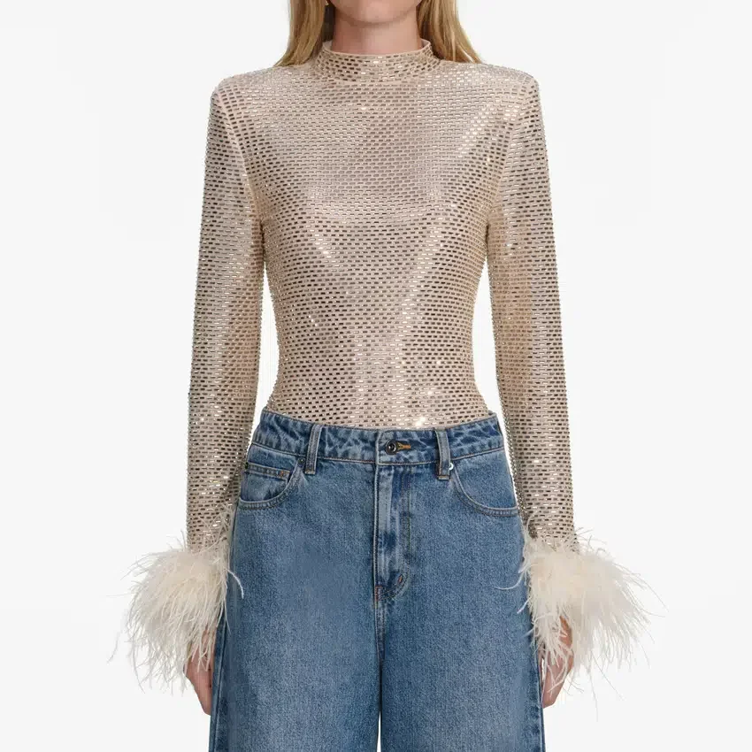 Champagne Rhinestone Feather Top Champagne Rhinestone Feather Top