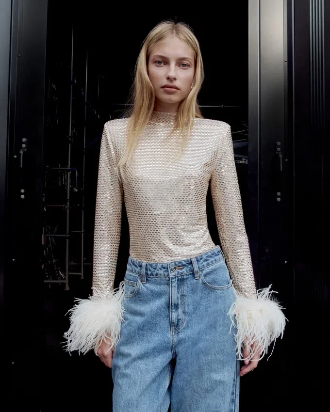 Champagne Rhinestone Feather Top Champagne Rhinestone Feather Top
