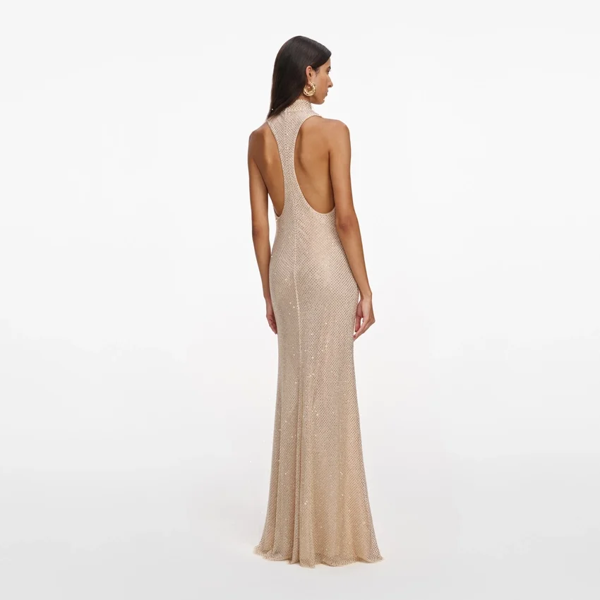 Champagne Rhinestone Racer Back Maxi Dress Champagne Rhinestone Racer Back Maxi Dress