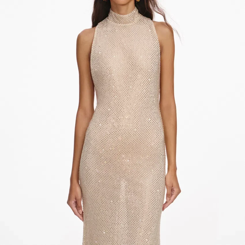 Champagne Rhinestone Racer Back Maxi Dress Champagne Rhinestone Racer Back Maxi Dress