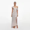 Champagne Rhinestone Ruffle Draped Maxi Dress Champagne Rhinestone Ruffle Draped Maxi Dress