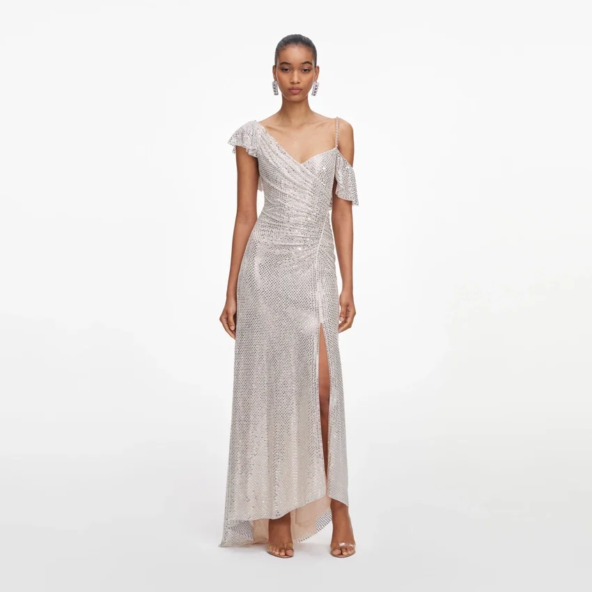 Champagne Rhinestone Ruffle Draped Maxi Dress Champagne Rhinestone Ruffle Draped Maxi Dress