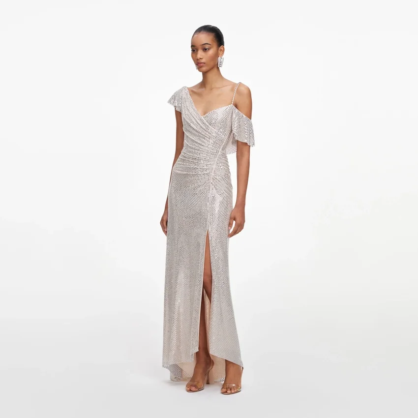Champagne Rhinestone Ruffle Draped Maxi Dress Champagne Rhinestone Ruffle Draped Maxi Dress