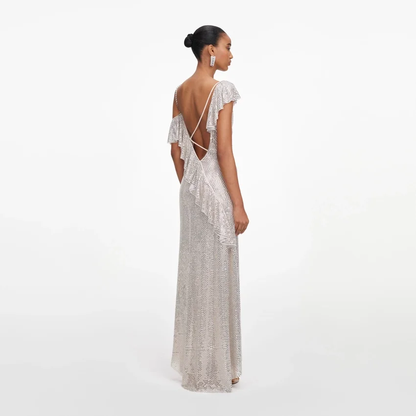Champagne Rhinestone Ruffle Draped Maxi Dress Champagne Rhinestone Ruffle Draped Maxi Dress
