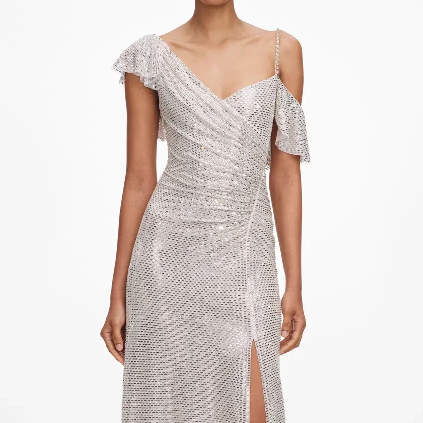 Champagne Rhinestone Ruffle Draped Maxi Dress Champagne Rhinestone Ruffle Draped Maxi Dress