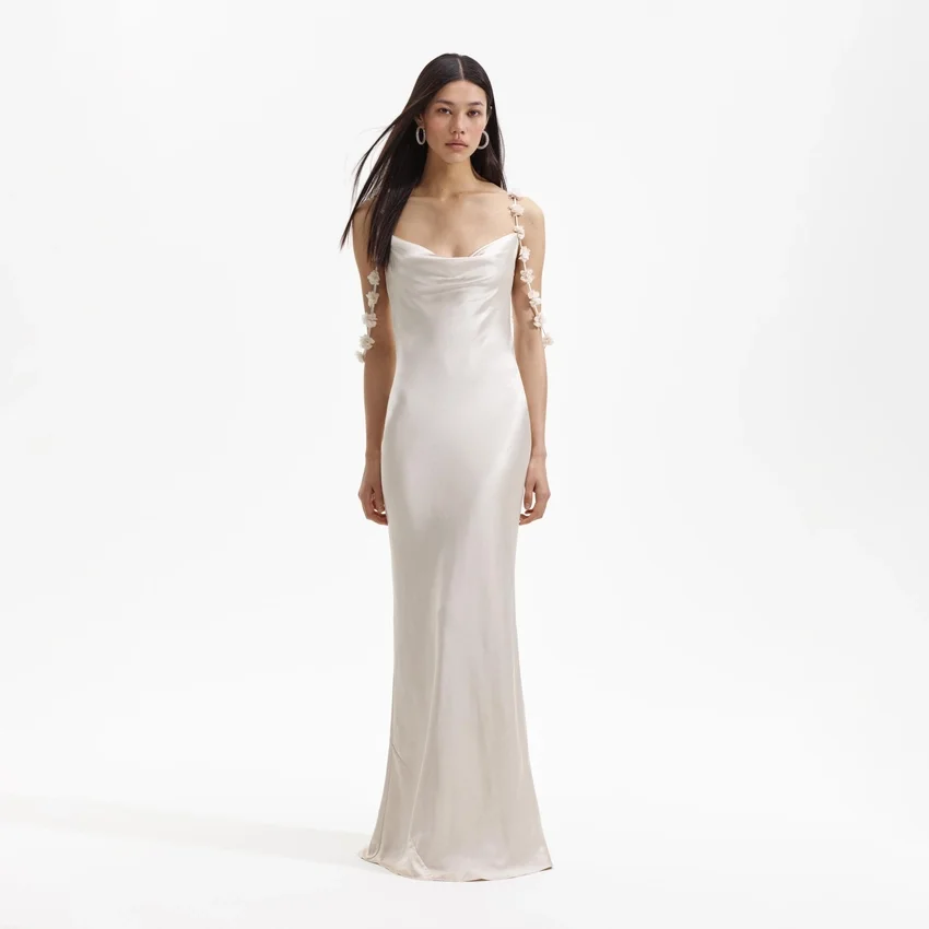 Champagne Satin Flower Maxi Dress Champagne Satin Flower Maxi Dress