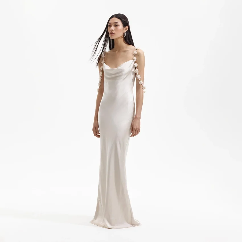 Champagne Satin Flower Maxi Dress Champagne Satin Flower Maxi Dress