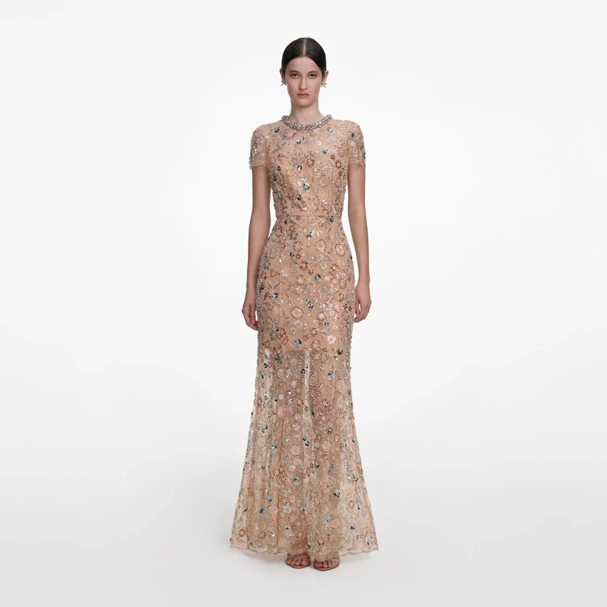 Champagne Sequin Embroidered Maxi Dress Champagne Sequin Embroidered Maxi Dress
