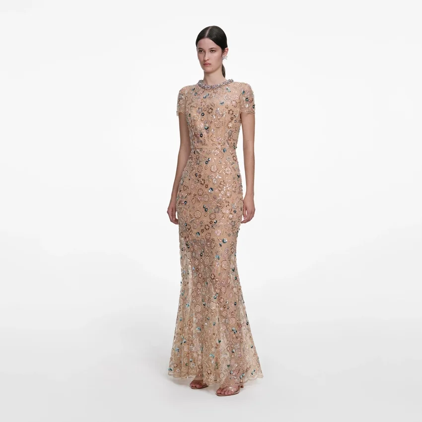 Champagne Sequin Embroidered Maxi Dress Champagne Sequin Embroidered Maxi Dress