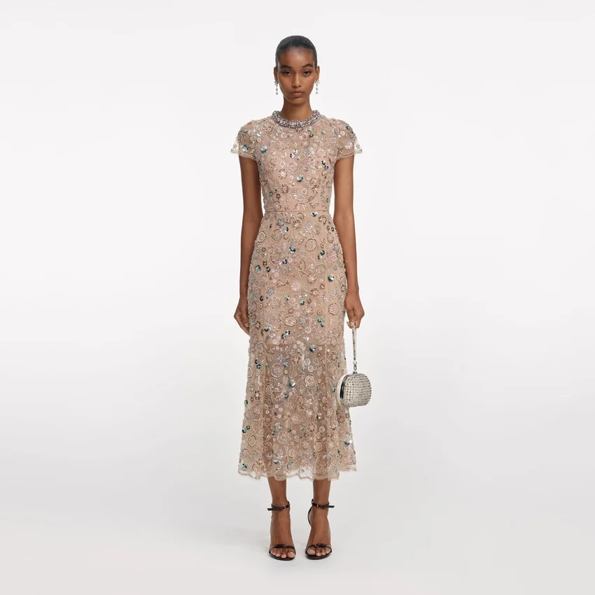 Champagne Sequin Embroidered Midi Dress Champagne Sequin Embroidered Midi Dress
