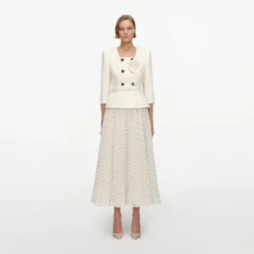 Cream 3D Flower Polka Dot Chiffon Midi Dress