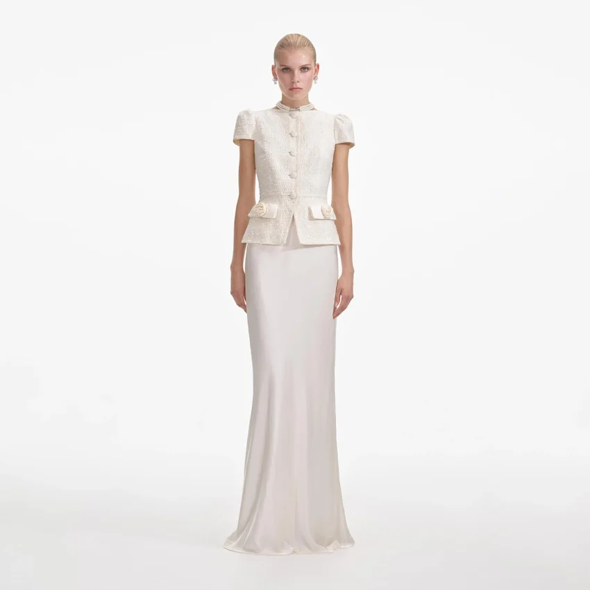 Cream Boucle Bow Detail Maxi Dress Cream Boucle Bow Detail Maxi Dress