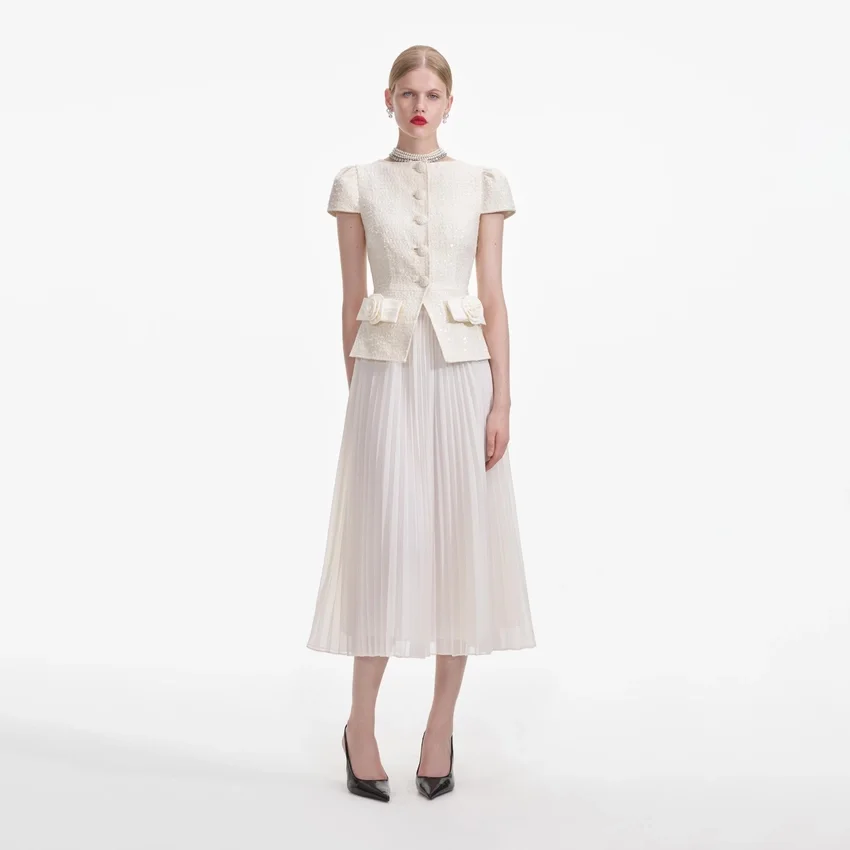 Cream Boucle Bow Detail Midi Dress Cream Boucle Bow Detail Midi Dress