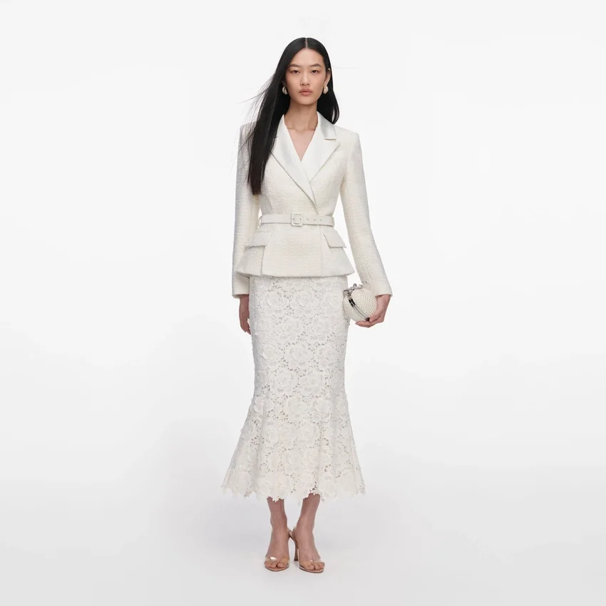 Cream Boucle Flower Lace Midi Dress Cream Boucle Flower Lace Midi Dress