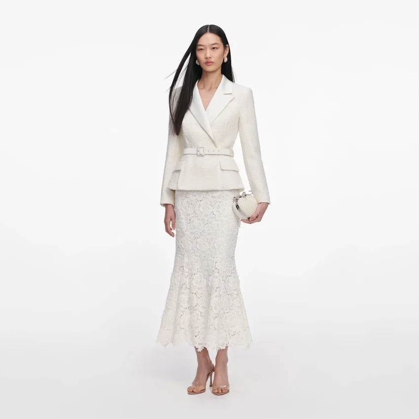 Cream Boucle Flower Lace Midi Dress Cream Boucle Flower Lace Midi Dress