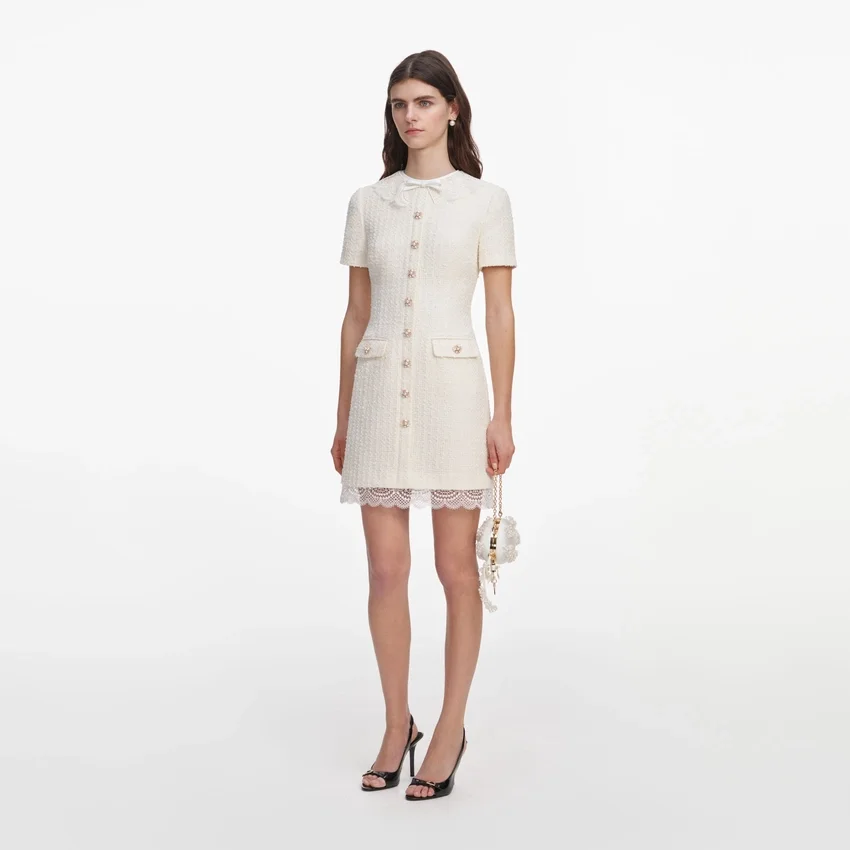 Cream Boucle Lace Trim Tailored Mini Dress Cream Boucle Lace Trim Tailored Mini Dress