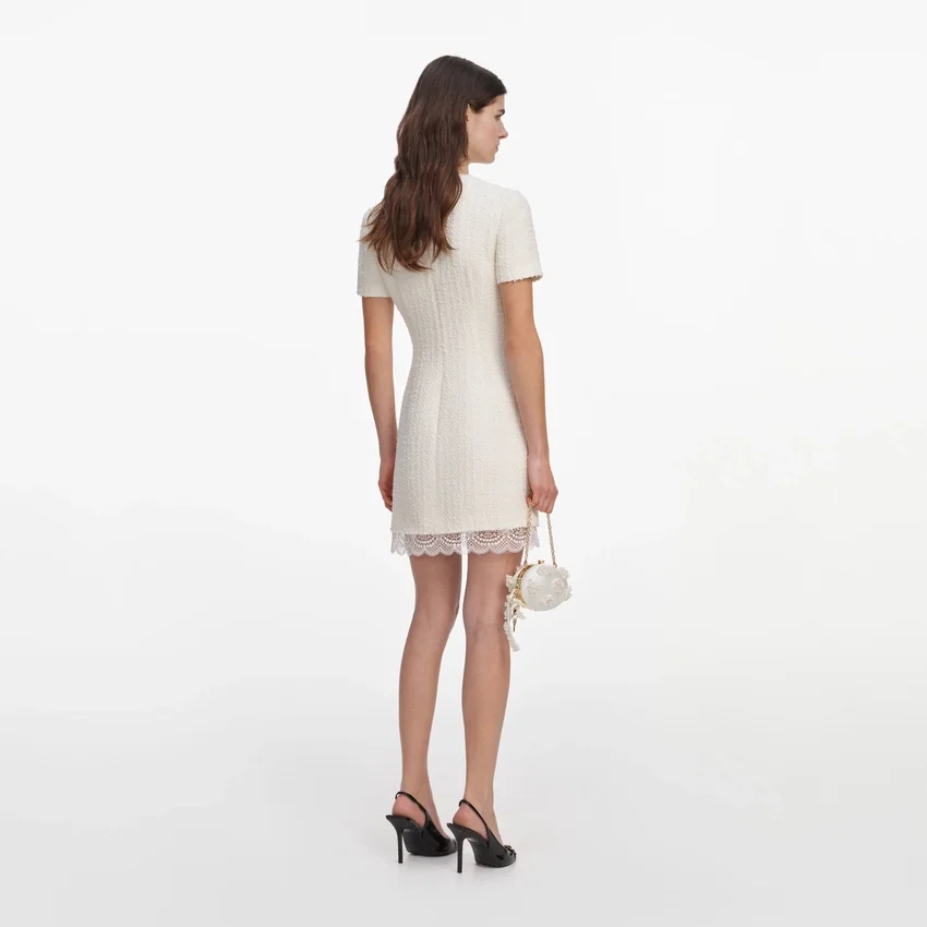 Cream Boucle Lace Trim Tailored Mini Dress Cream Boucle Lace Trim Tailored Mini Dress