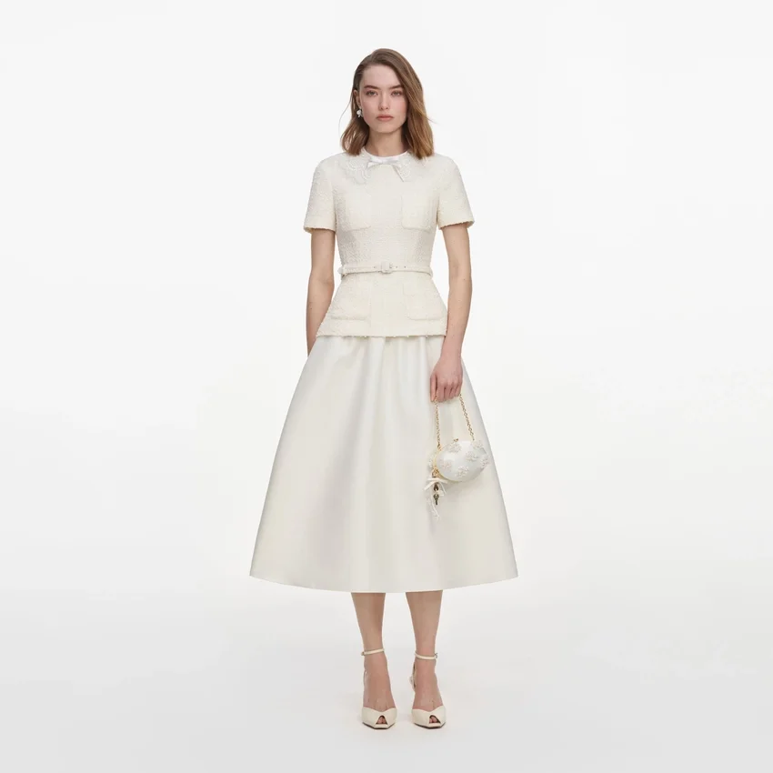 Cream Boucle Taffeta Midi Dress Cream Boucle Taffeta Midi Dress
