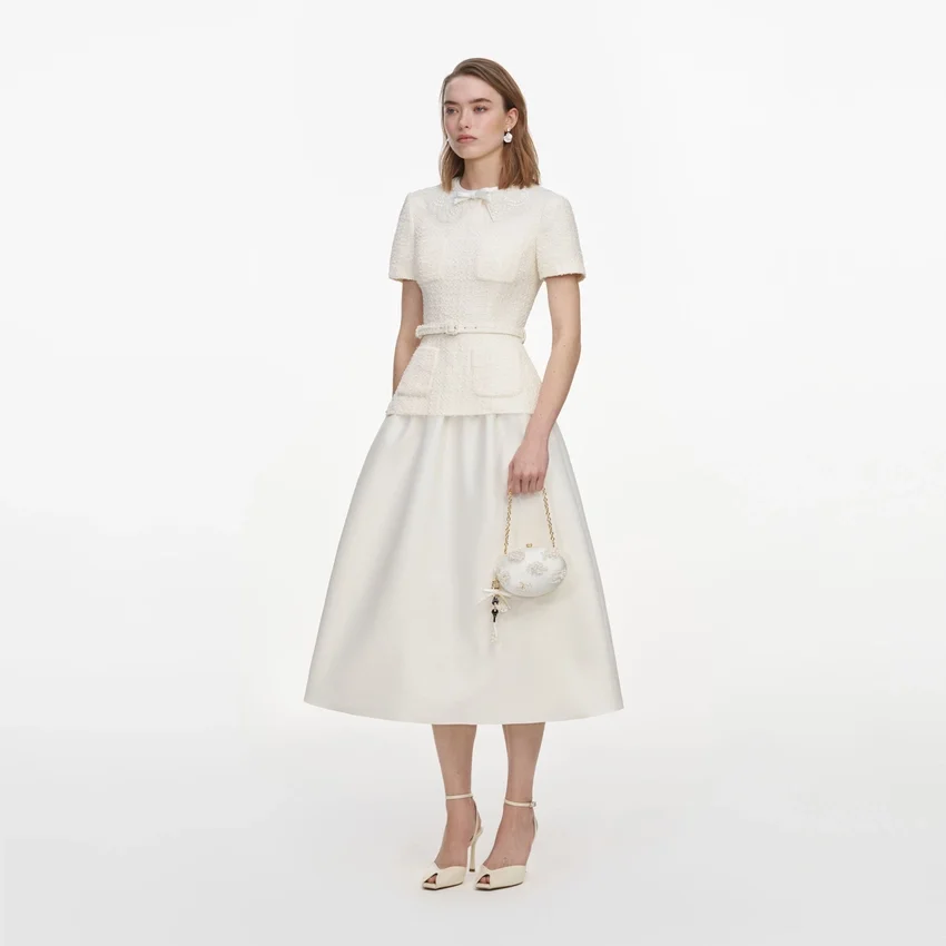 Cream Boucle Taffeta Midi Dress Cream Boucle Taffeta Midi Dress