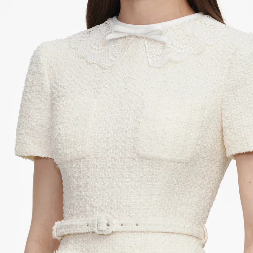 Cream Boucle Taffeta Midi Dress Cream Boucle Taffeta Midi Dress
