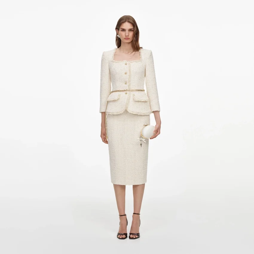 Cream Boucle Tailored Chain Midi Dress Cream Boucle Tailored Chain Midi Dress