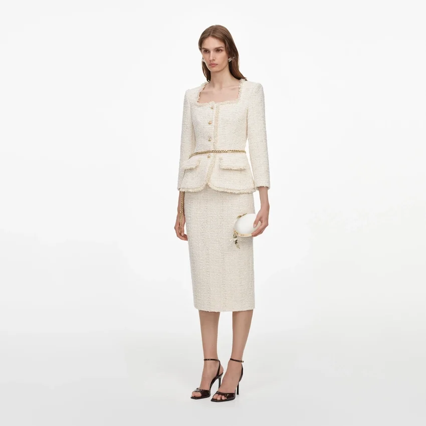 Cream Boucle Tailored Chain Midi Dress Cream Boucle Tailored Chain Midi Dress