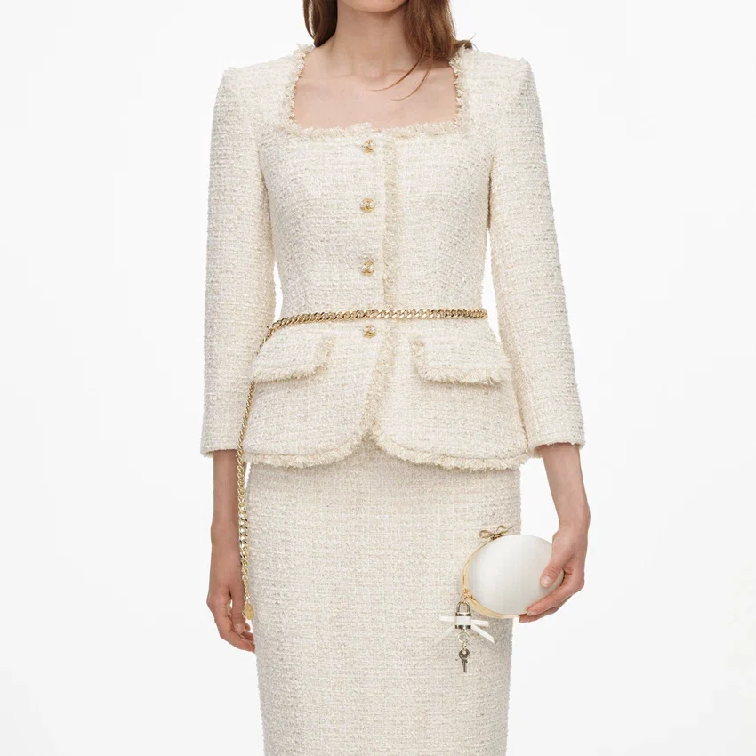 Cream Boucle Tailored Chain Midi Dress Cream Boucle Tailored Chain Midi Dress