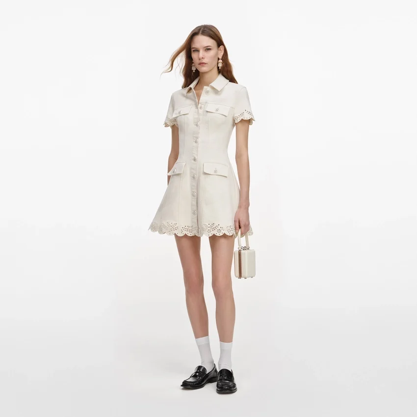 Cream Broderie Collared Denim Mini Dress Cream Broderie Collared Denim Mini Dress