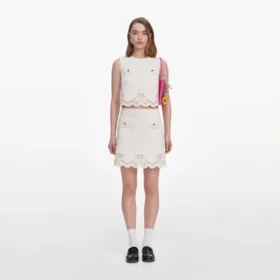 Cream Broderie Denim Mini Skirt Cream Broderie Denim Mini Skirt