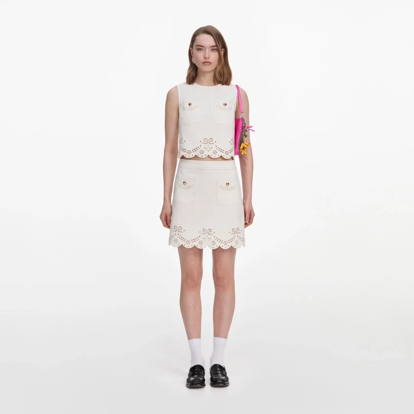 Cream Broderie Denim Mini Skirt Cream Broderie Denim Mini Skirt