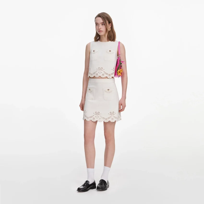 Cream Broderie Denim Mini Skirt Cream Broderie Denim Mini Skirt