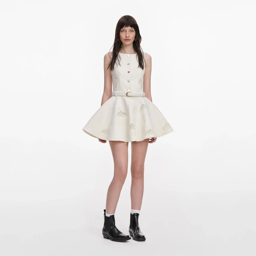 Cream Broderie Denim Sleeveless Mini Dress Cream Broderie Denim Sleeveless Mini Dress