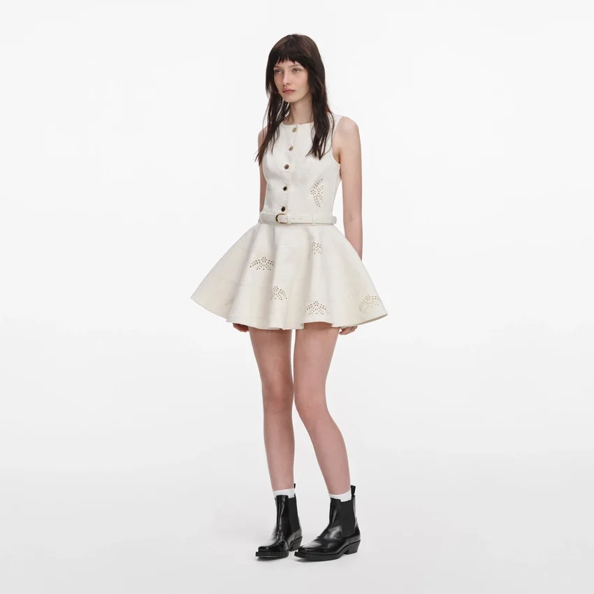 Cream Broderie Denim Sleeveless Mini Dress Cream Broderie Denim Sleeveless Mini Dress