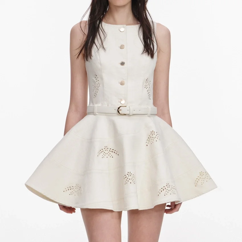 Cream Broderie Denim Sleeveless Mini Dress Cream Broderie Denim Sleeveless Mini Dress