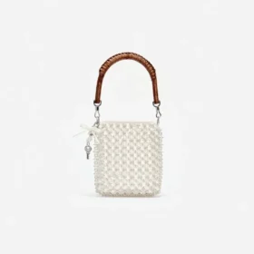 Cream Crystal Chain Mini Tote Bag